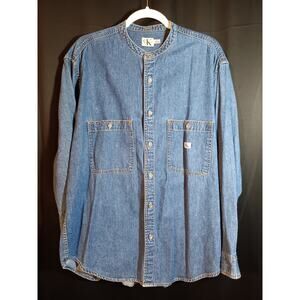 VINTAGE Calvin Klein Large Denim Crew Neck Button Up Shirt Jacket Hong Kong RARE
